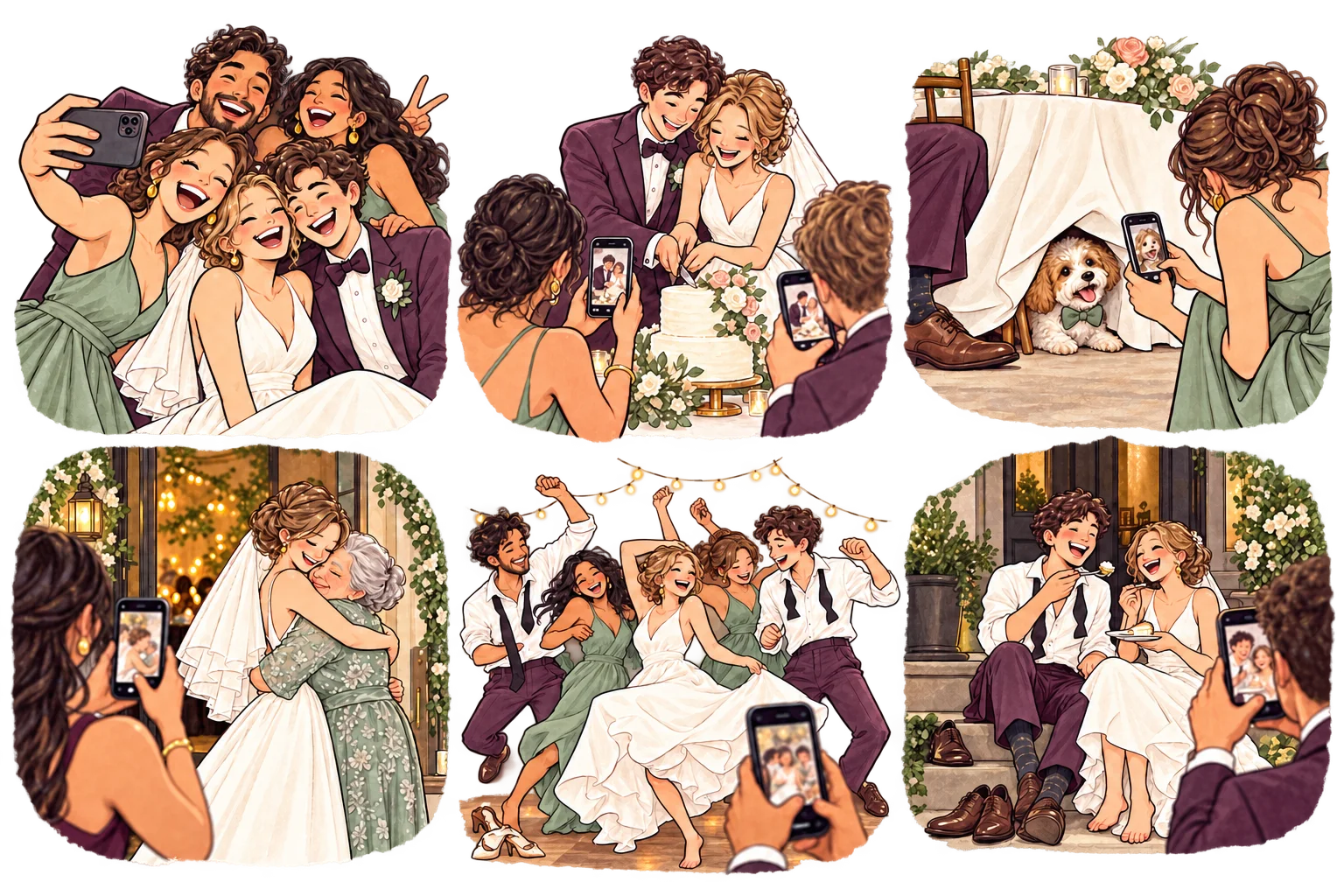 Newlyweds and friends squeeze together for a joyful group photo.