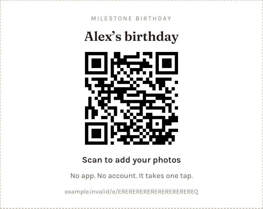 Actual printable QR card for a sample event, with instructions to scan and add photos