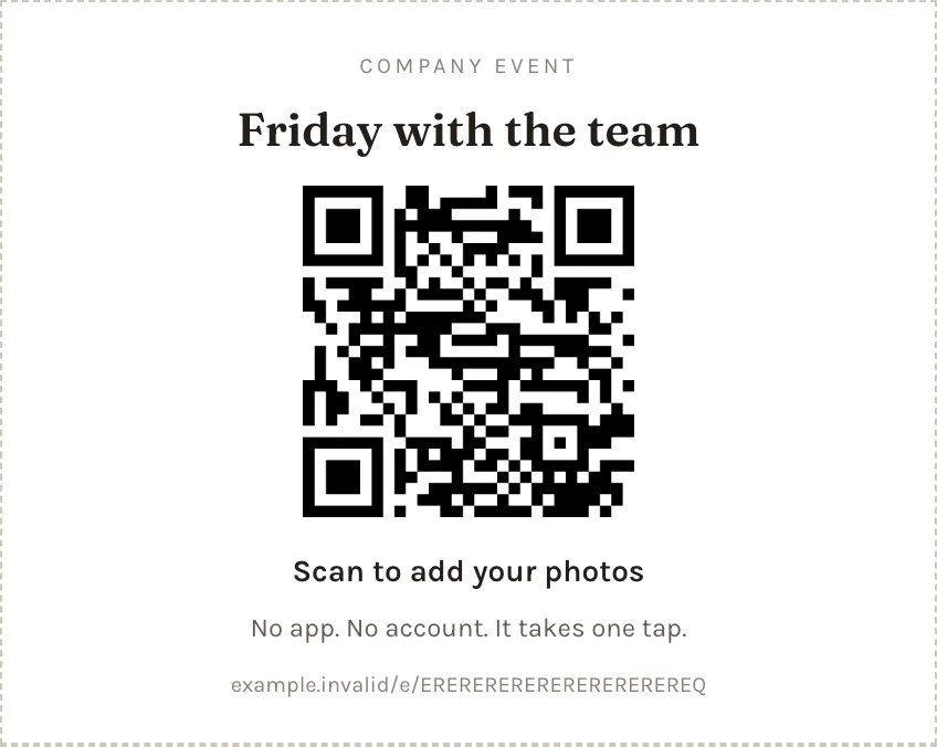 Actual printable QR card for a sample event, with instructions to scan and add photos